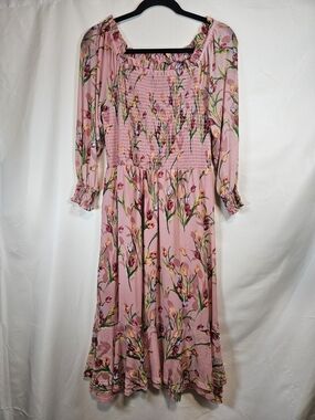 Robert Louis Pink Floral Smocked Midi Dress
